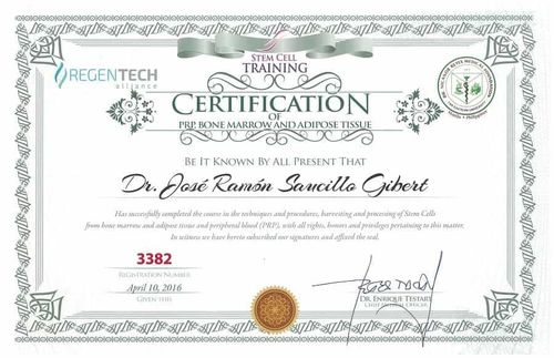 PRP Bone Marrow and Adipose Tissue Certificate